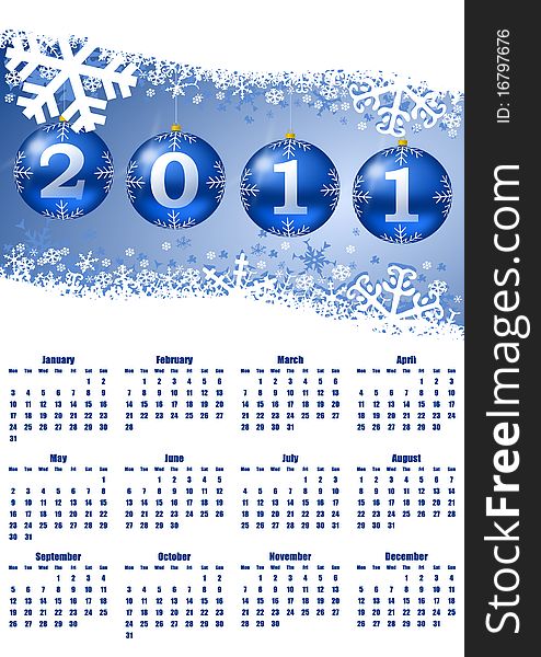2011 calendar with christmas balls illustration