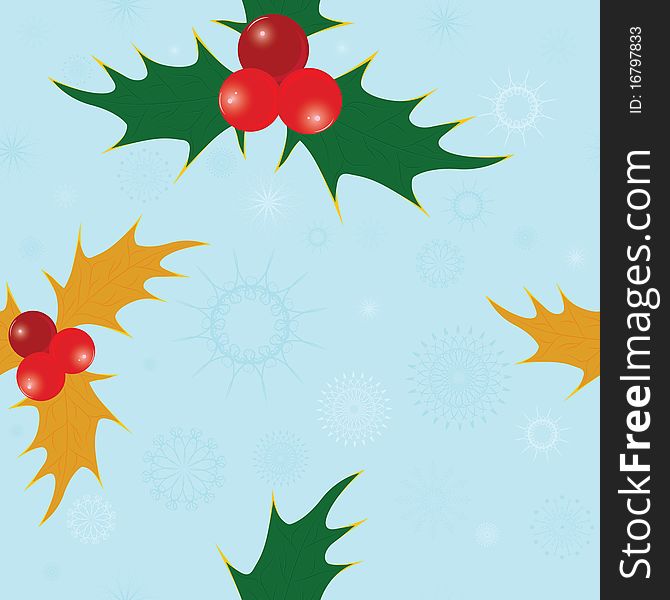 Seamless snowflakes pattern with holly berries, illustration