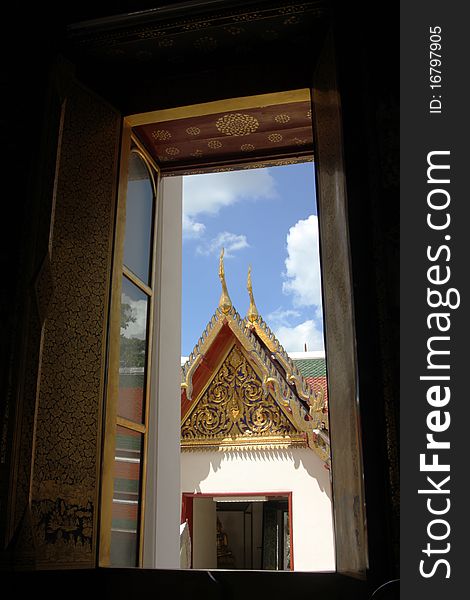 Look out from Buddhist temple, bangkok thailand