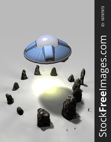 A retro styled UFO hovers over a stone circle. A retro styled UFO hovers over a stone circle