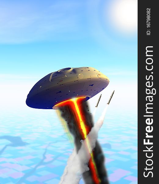An invading UFO narrowly escapes a deadly misile attack from Earth defences. An invading UFO narrowly escapes a deadly misile attack from Earth defences