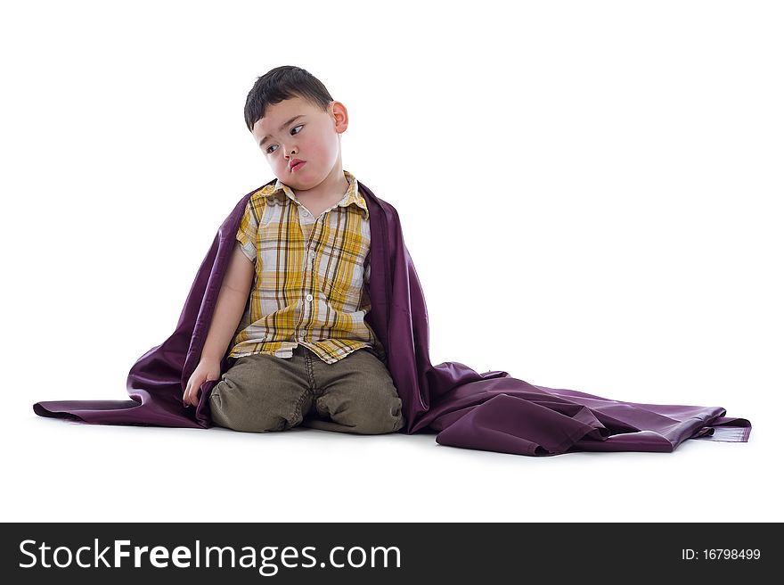 Cute sad boy in studio over white background