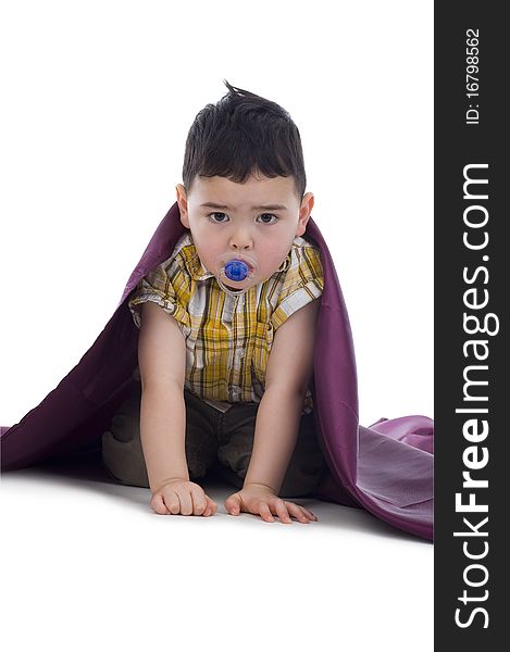 Cute boy with soother isolated on white background