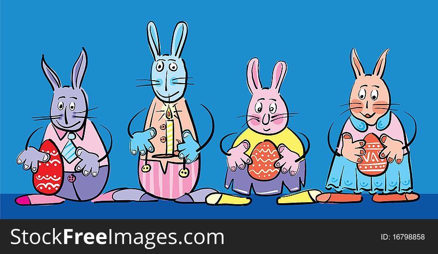 Rabbits family with easter eggs, abstract vector art illustration