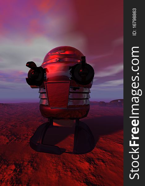 A retro looking toy robot wanders the surface of an alien world. A retro looking toy robot wanders the surface of an alien world.