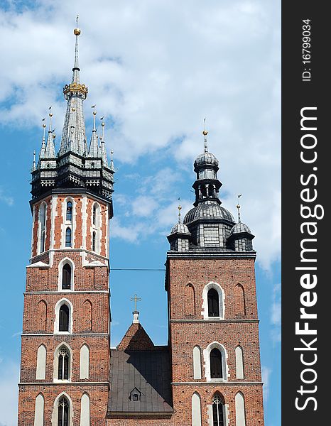 Two towers of the Mariacki church in Cracow, Poland