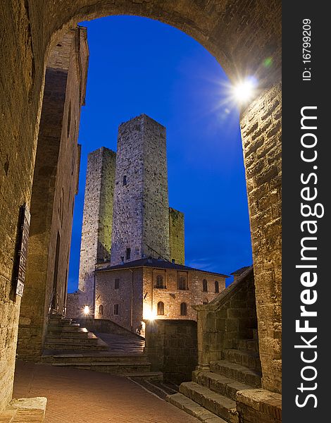 The towers of San Gimignano at night.