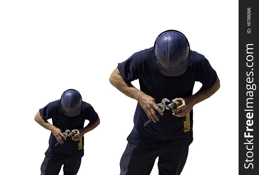 Two different sized versions of the same blue uniformed construction worker holding a drill and pliers shot from above. Two different sized versions of the same blue uniformed construction worker holding a drill and pliers shot from above