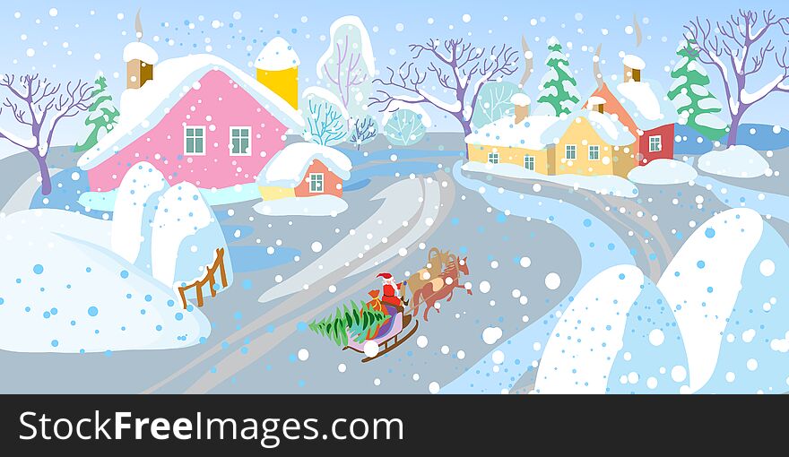 Art,winter Decorative Landscape In Naive Style, Winter European Village And Santa Claus On Sleigh With Christmas Tree