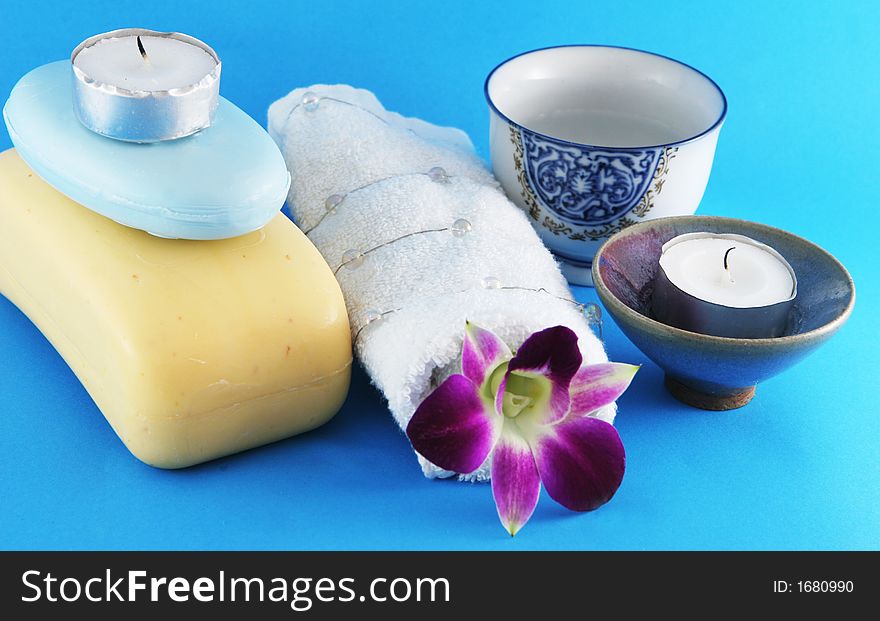 Spa products - candle, soap and towel. Spa products - candle, soap and towel