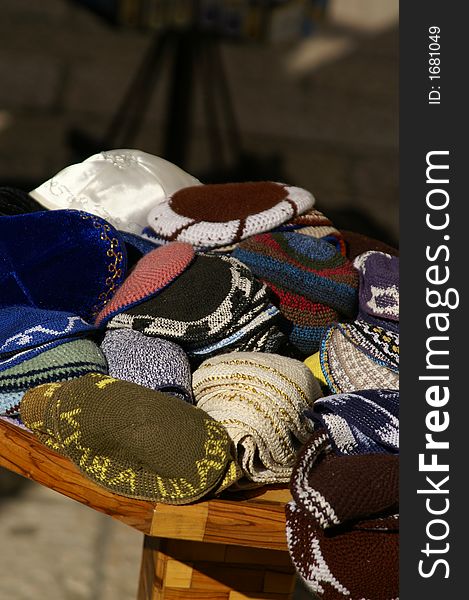 Jewish religious tradition caps in jerusalem market. Jewish religious tradition caps in jerusalem market