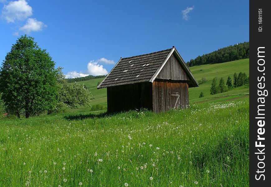 A wooden hut on the slope, Pieniny, Poland