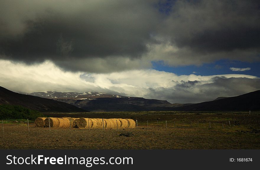 Sunlit straw bales in a meadow, Iceland