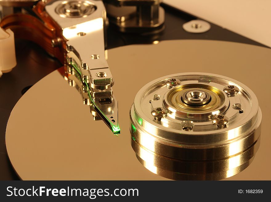 Internals of a Hard Disk under a green laser light. Internals of a Hard Disk under a green laser light.