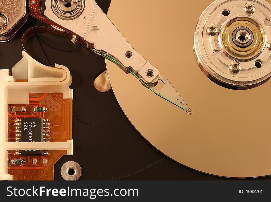 Internals of a Hard Disk showing the head on one plate