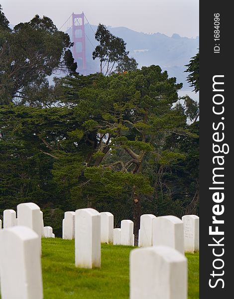 Shot of gravestones in the San Francisco National Cemetery with the Goden Gate Bridge in the background..