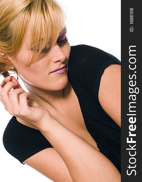 Model posing in the studio on a white background