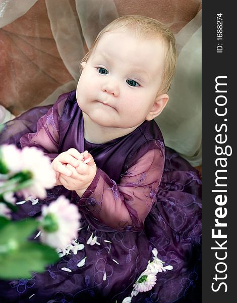 Cute little girl looking on the beautiful flowers on the table. Cute little girl looking on the beautiful flowers on the table