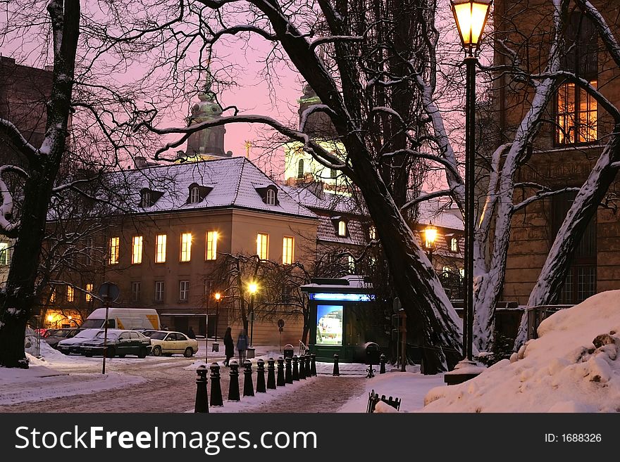 Illuminated buildings of the Warsow old tow in winter - trees in a foreground, Poland. Illuminated buildings of the Warsow old tow in winter - trees in a foreground, Poland