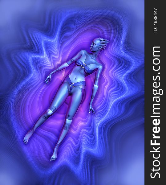 Alien woman surrounded by plasma waves - 3D render and flame fractal.