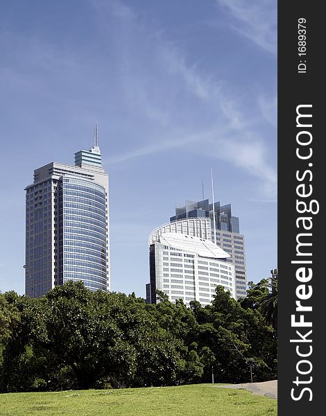 Urban Public Park In Front Of Tall City Office Buildings, Sydney, Australia. Urban Public Park In Front Of Tall City Office Buildings, Sydney, Australia