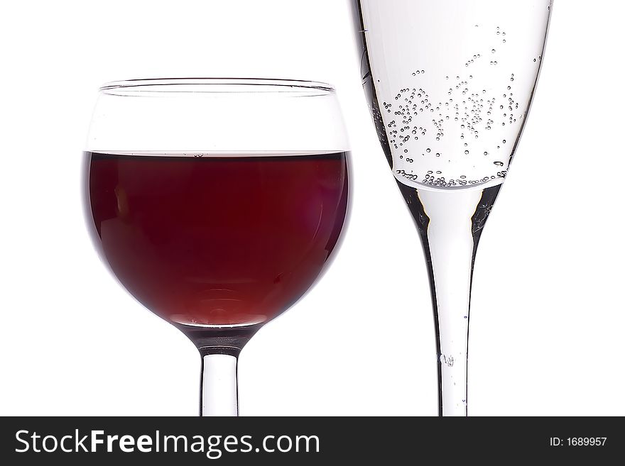 Close up of red wine and champagne.