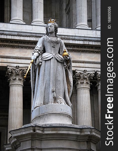 Statue of Queen Anne, 1710 AD, in front of St Paul's Cathedral, London. Sculpted controversially by Richard Belt of marble.