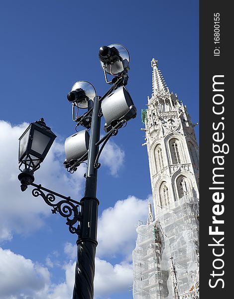 A loudspeaker and street lamp in Budapest at Fisherman's bastion. A loudspeaker and street lamp in Budapest at Fisherman's bastion