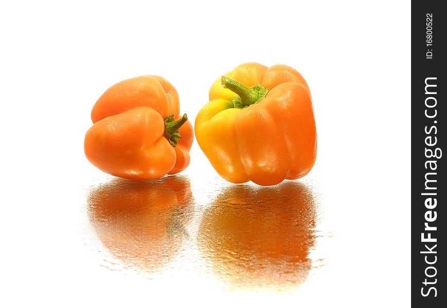 Single sweet pepper on a white background with water drops