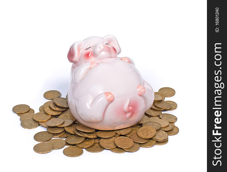 Piggy bank and coins, Isolated. Piggy bank and coins, Isolated