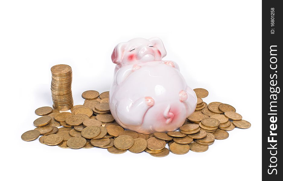 Piggy bank and coins, Isolated. Piggy bank and coins, Isolated