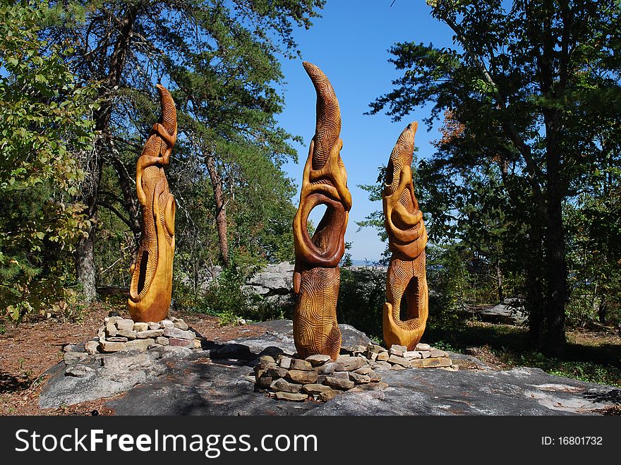 Wood sculptures at the top of look out mountain tennessee