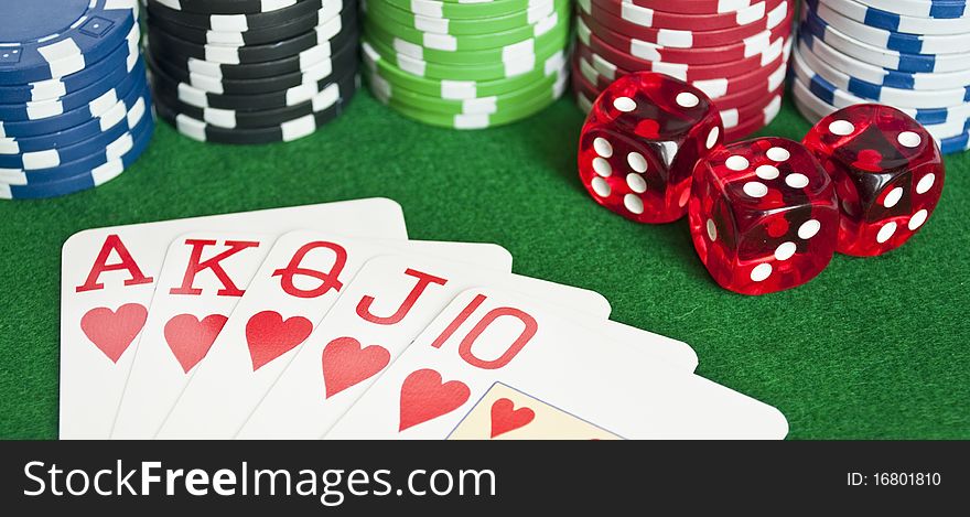 Poker background - red dices, cards in royal flash and poker chips. Poker background - red dices, cards in royal flash and poker chips