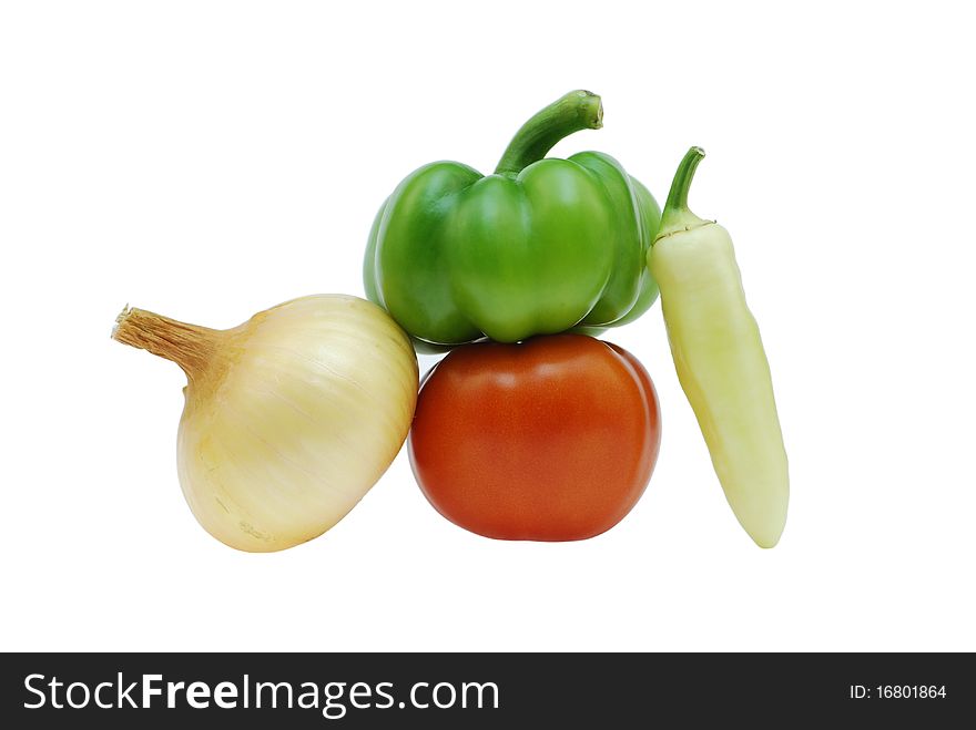 Onions, tomato, green and yellow pepper. Onions, tomato, green and yellow pepper