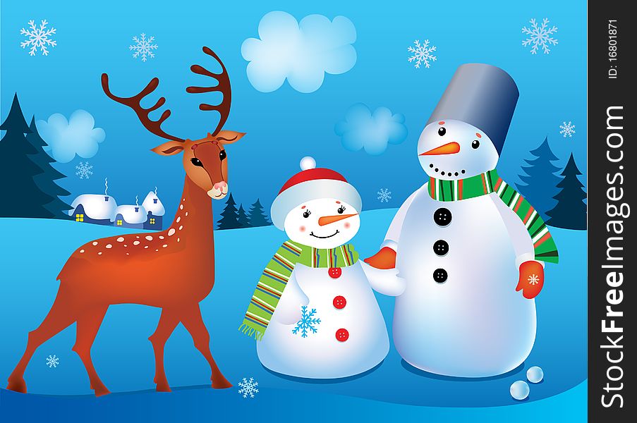 Vector illustration of landscape with snowmen and deer. Vector illustration of landscape with snowmen and deer