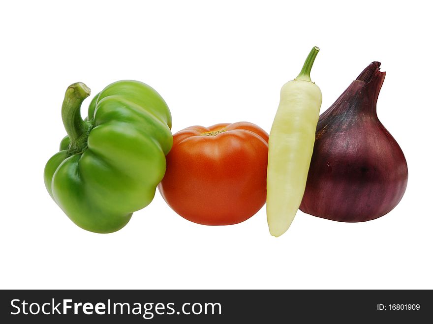 Onions, tomato, green and yellow pepper. Onions, tomato, green and yellow pepper
