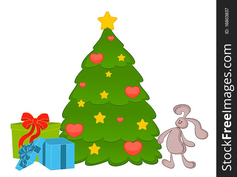 cartoon fir-tree with bunny and boxes