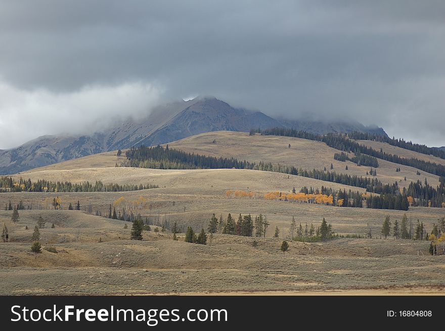 The first snow storm of the season rolls into the Lamar Valley of Yellowstone National Park. The first snow storm of the season rolls into the Lamar Valley of Yellowstone National Park