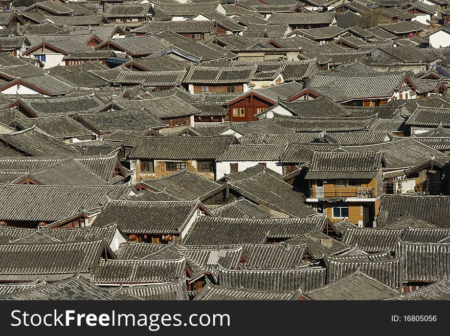 Aerial view of the Old Town of Lijiang at dusk,yunnan,china