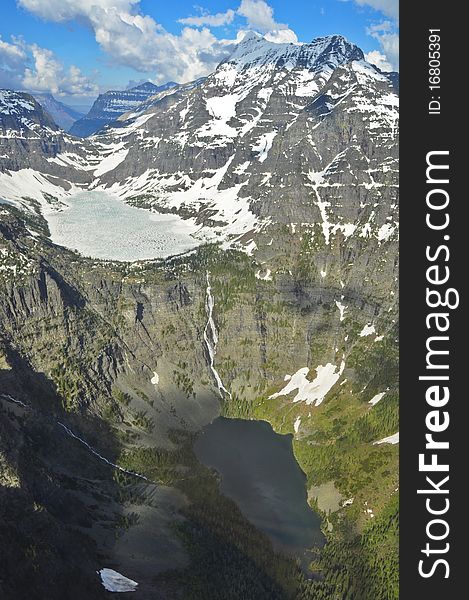 Aerial view of one lake flowing into another. Glacier National Park, Montana. Aerial view of one lake flowing into another. Glacier National Park, Montana