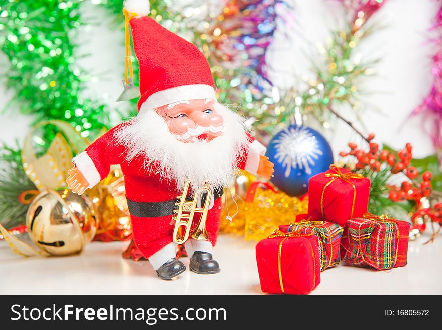 Christmas greeting Santa sending gifts isolated on white