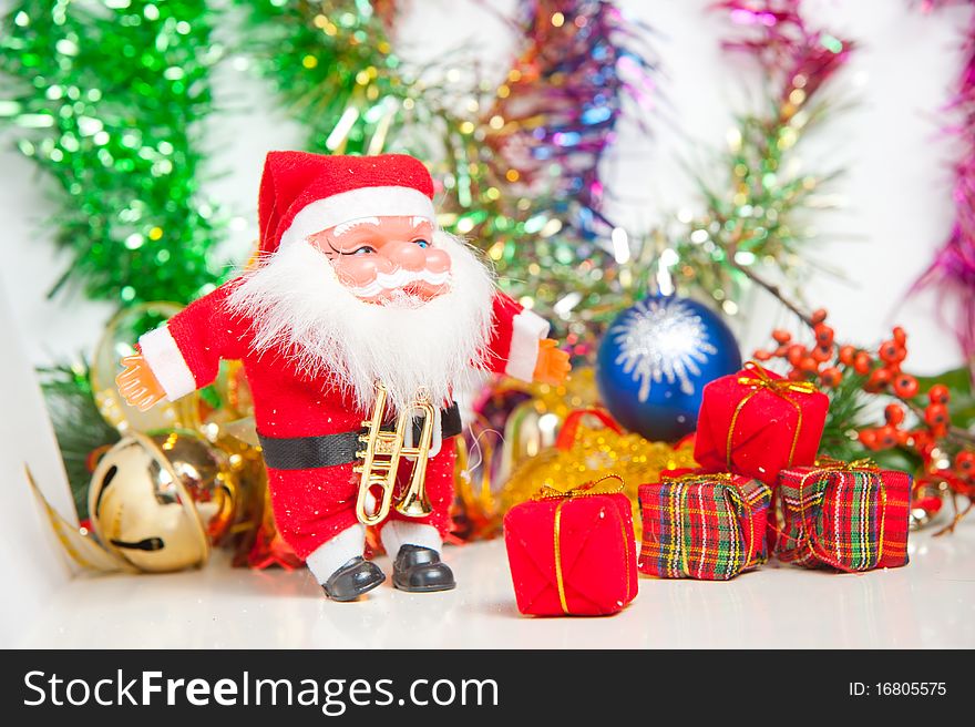 Christmas greeting Santa with gifts isolated on white background