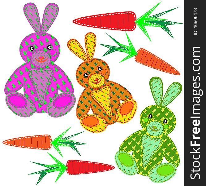 Application from a fabric in the form of a hare and carrots. Vector illustration