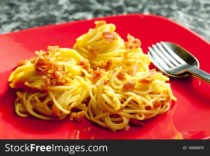Still life of spaghetti carbonara