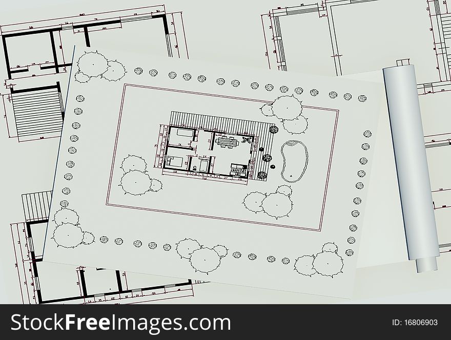 Two dimentional house plan with landscaping