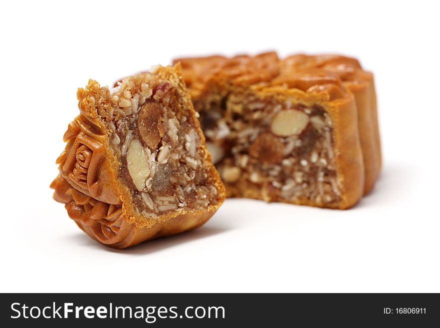 Close up of a mooncake isolated over white background. (The Chinese words indicating the mooncake type, not brand)