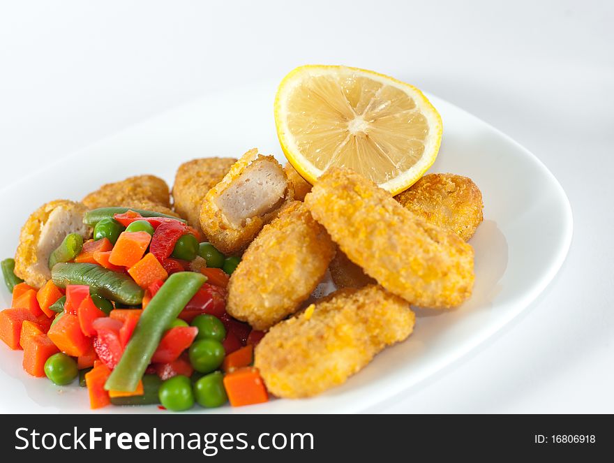 Chicken with side-dish, white background