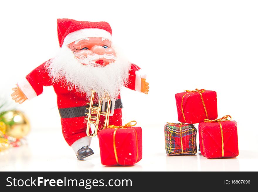 Christmas greeting Santa with gifts isolated on white background