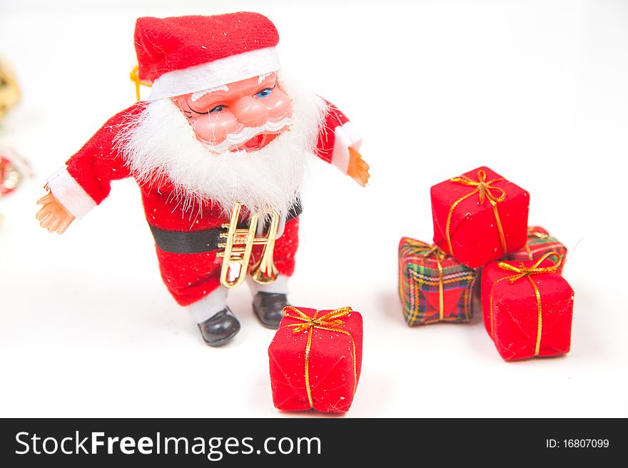 Christmas greeting Santa with gifts isolated on white