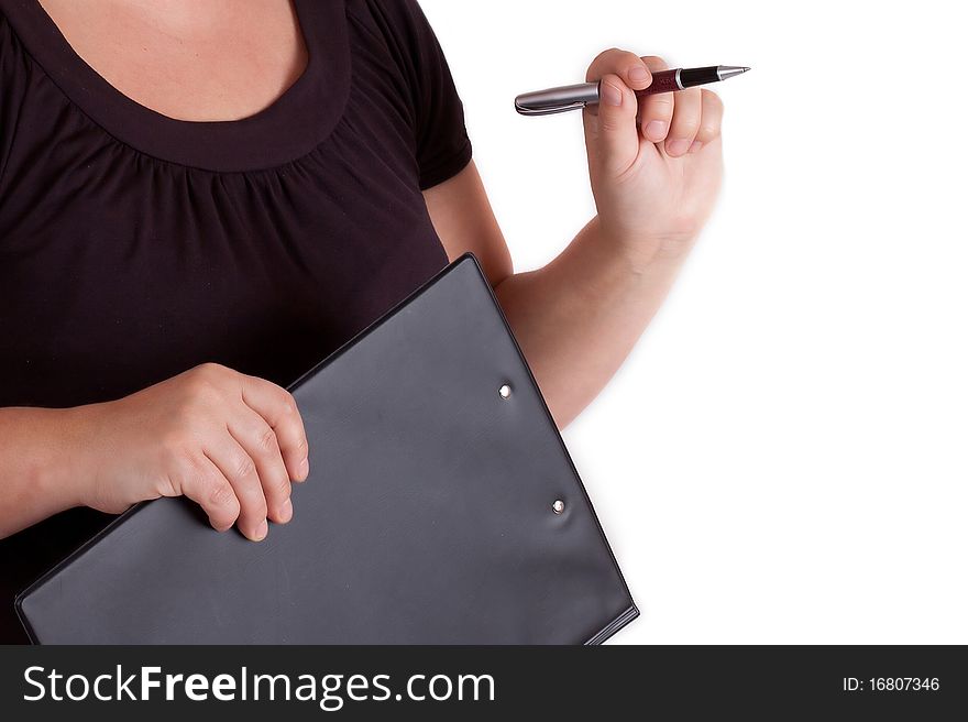 Hands holding a pen and a folder. Hands holding a pen and a folder